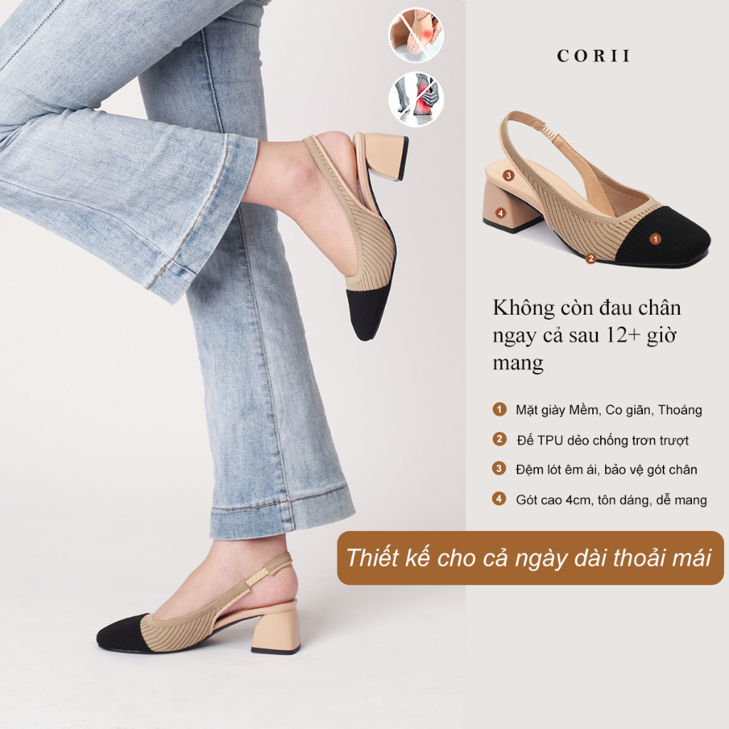 CORII - Giày Cao Gót Slingback Mũi Vuông The Dainty Gót Vuông cao 4cm Thời Trang và Thoải Mái Nhất - CR8DATS Kem Đen