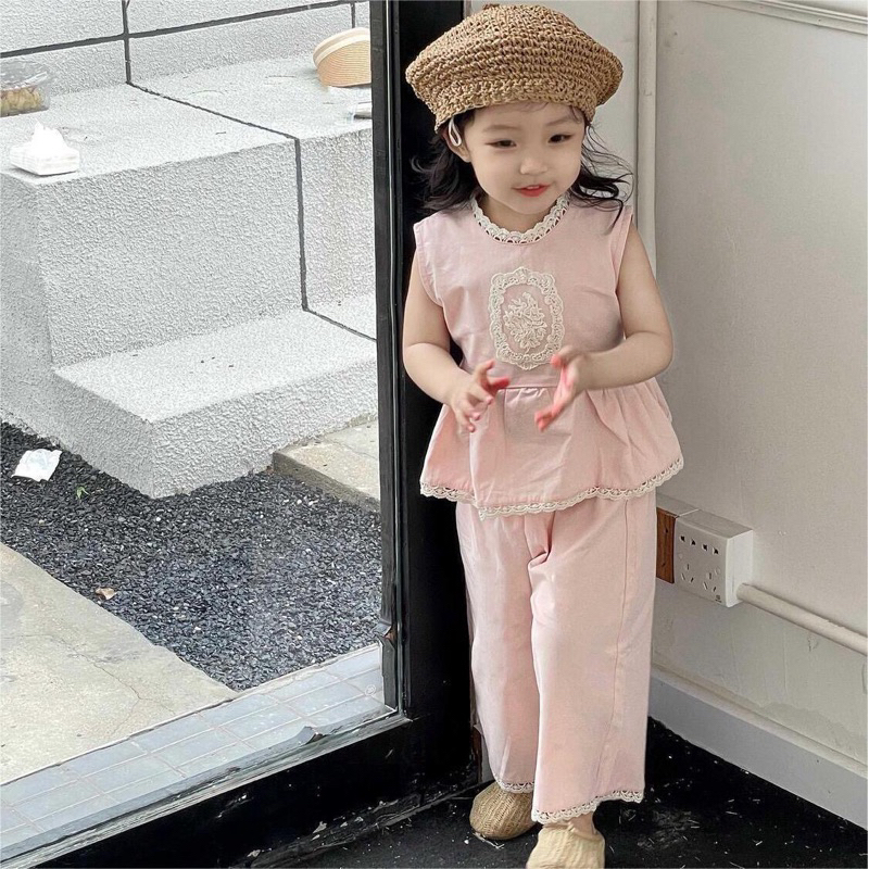 (Order) Bộ quần áo dây buộc eo, quần ống xuông hồng phấn dành cho bé gái
