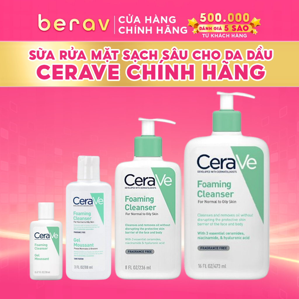 Ảnh Sữa Rửa Mặt Cerave giúp làm sạch sâu dành cho da dầu, da khô nhạy cảm Foam Cleanser 88/236/473ML 1