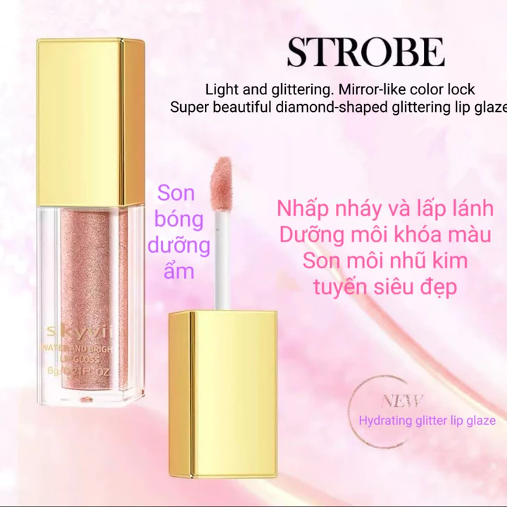Son bóng nhũ ngọc trai ánh kim tuyến skyvii. Dưỡng môi khóa màu. Son môi nhũ kim tuyến siêu đẹp.Son bóng dưỡng ẩm có màu