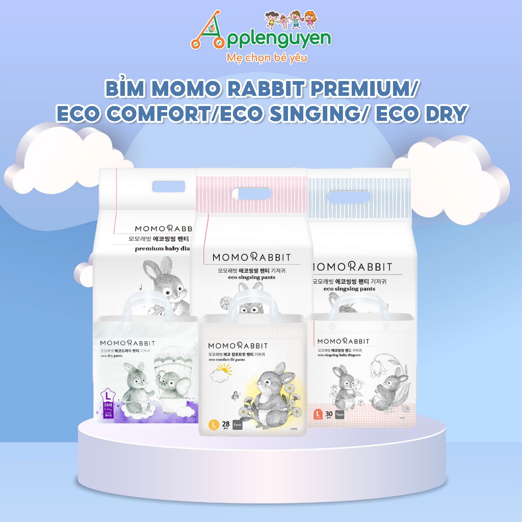 (Ko quà) Bỉm Dán/Quần Momo Rabbit Classic/Bé Trai/Bé Gái/Đêm/EcoFit Size NB42/S36/M32/L28/XL22/XXL18I Applenguyen94