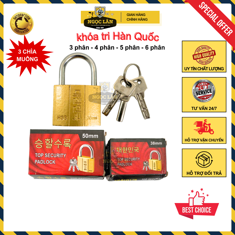 Khóa tri chìa muỗng, ổ khóa mạ vàng Hàn quốc khóa tủ, khóa cửa an tòan đủ cỡ 3p, 4p, 5p, 6p