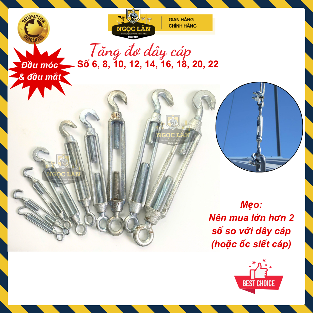 Tăng đơ dây cáp thép xi trắng, một đầu móc một đầu mắt đủ số 4,6,8,10,12,14mm