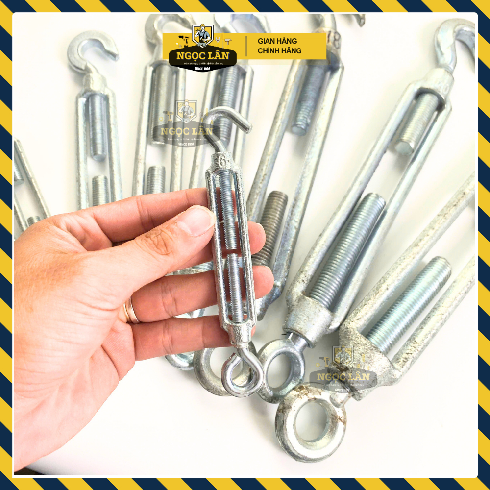 Tăng đơ dây cáp thép xi trắng, một đầu móc một đầu mắt đủ số 4,6,8,10,12,14mm