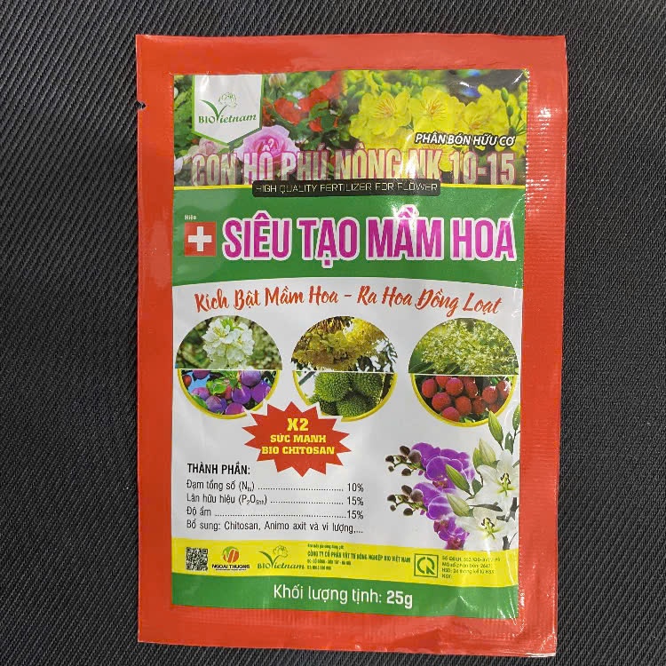 Phân bón Kích thích ra hoa cực mạnh 25gr, vua dưỡng hoa lâu tàn, vua Phân bón Siêu Tạo Mầm Hoa X2 Chitosan kích ra hoa