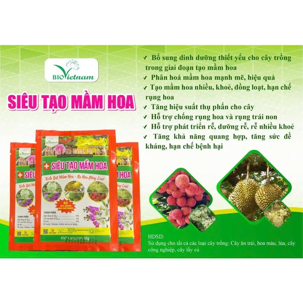 Phân bón Kích thích ra hoa cực mạnh 25gr, vua dưỡng hoa lâu tàn, vua Phân bón Siêu Tạo Mầm Hoa X2 Chitosan kích ra hoa