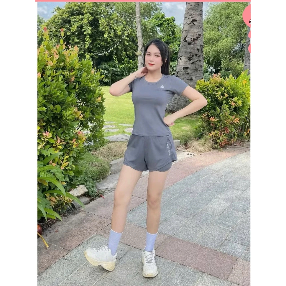 Bộ tập thể thao nữ, quần 2 lớp có túi áo cộc chất thun co dãn, Pickleball, chạy bộ, erobic...
