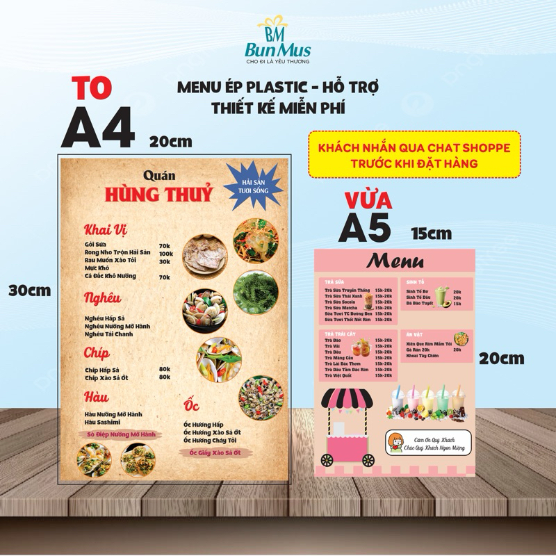 Menu in ấn thiết kế theo yêu cầu A5, A4 ÉP PLASTIC BUNMUS GIFT| Hỗ trợ ...