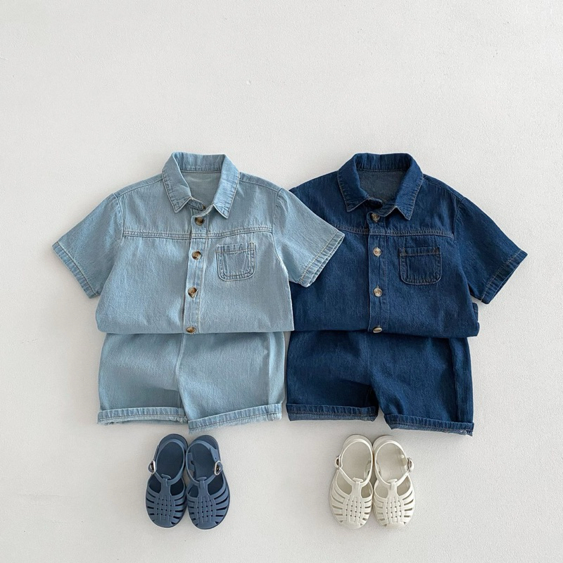 (Order) Bộ quần áo jean mềm quần ngố phong cách Hàn Quốc dành cho bé trai