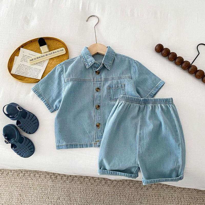 (Order) Bộ quần áo jean mềm quần ngố phong cách Hàn Quốc dành cho bé trai