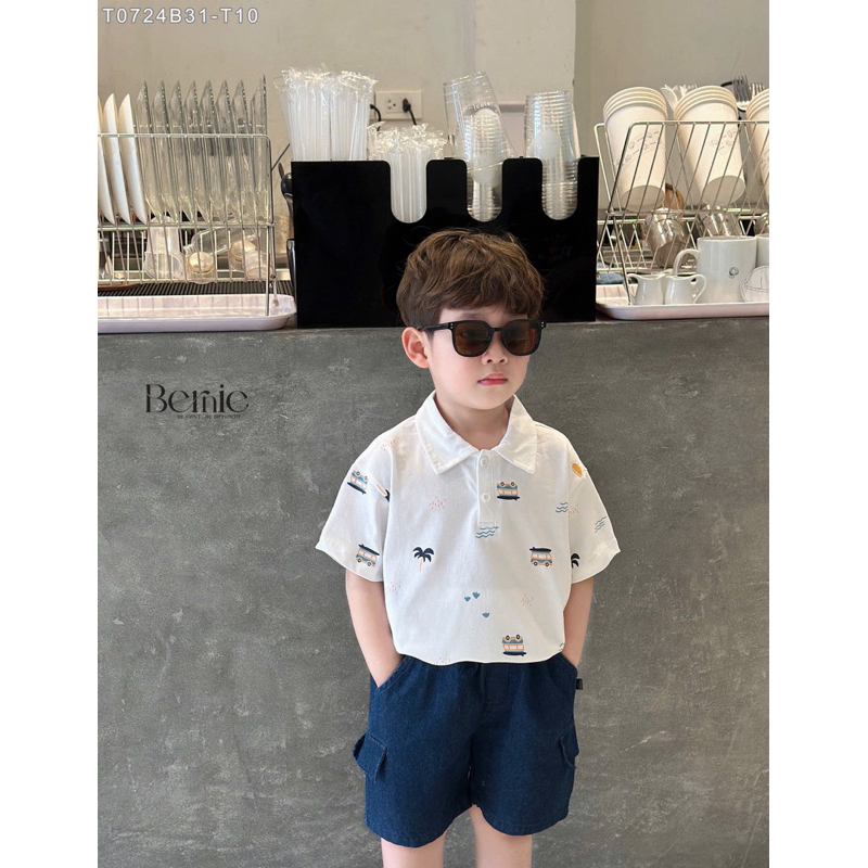 Set Polo cộc tay bé trai Bernie in tràn họa tiết ô tô cây dừa chất liệu cotton phối quần kaki 9-24kg