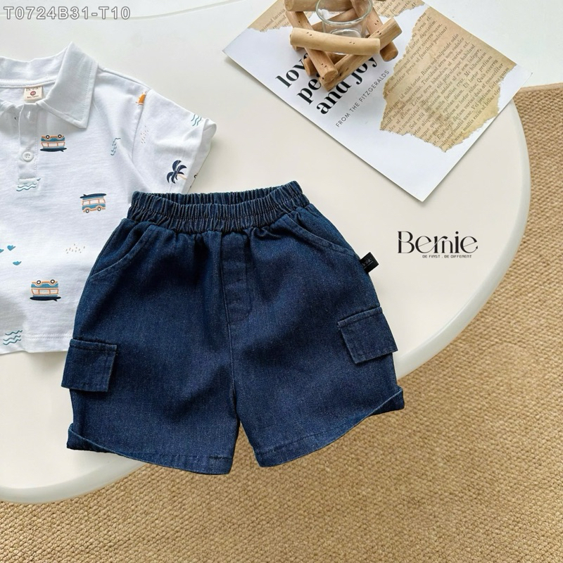 Set Polo cộc tay bé trai Bernie in tràn họa tiết ô tô cây dừa chất liệu cotton phối quần kaki 9-24kg