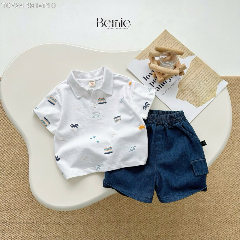 Set Polo cộc tay bé trai Bernie in tràn họa tiết ô tô cây dừa chất liệu cotton phối quần kaki 9-24kg