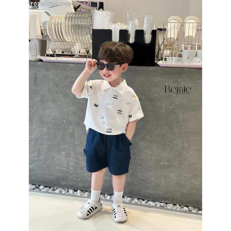 Set Polo cộc tay bé trai Bernie in tràn họa tiết ô tô cây dừa chất liệu cotton phối quần kaki 9-24kg