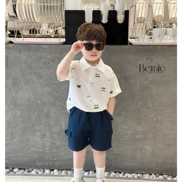 Set Polo cộc tay bé trai Bernie in tràn họa tiết ô tô cây dừa chất liệu cotton phối quần kaki 9-24kg