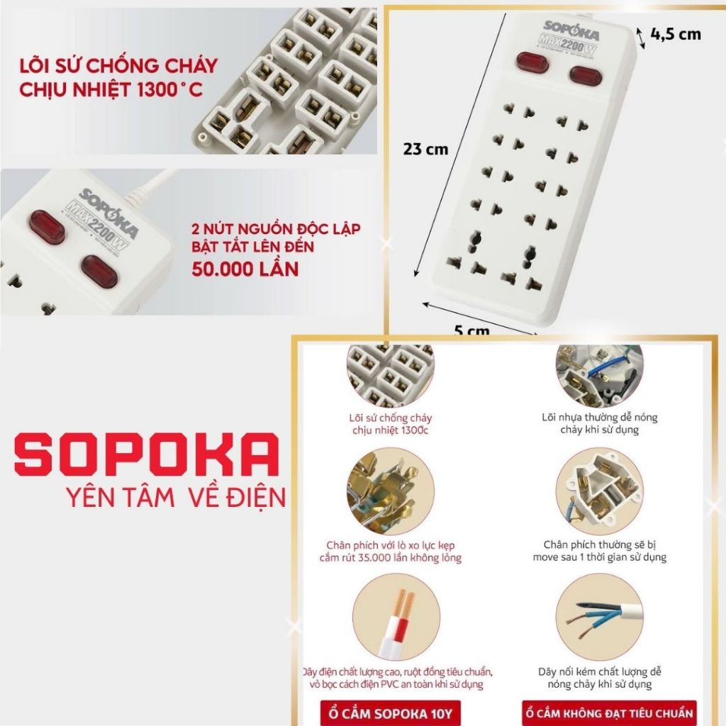 Ổ Điện Chính Hãng SOPOKA  Chịu Tải Lớn Chất Liệu Nhựa Abs Chống Cháy không làm nóng thiết bị