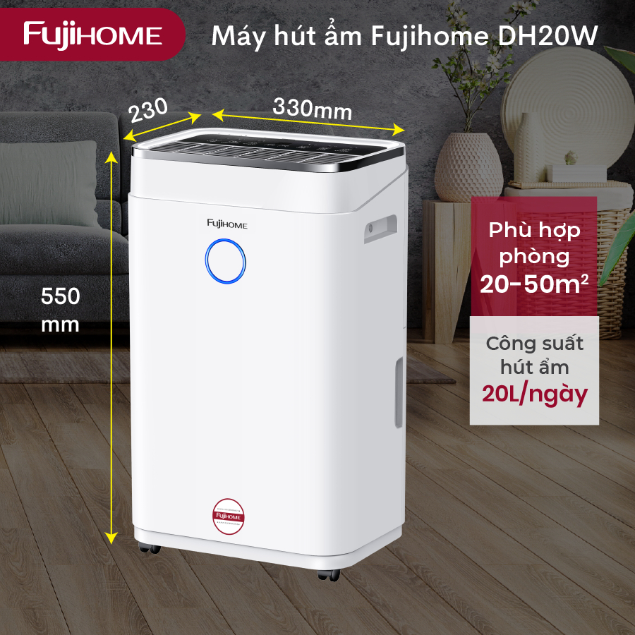 Máy hút ẩm 20 Lít FUJIHOME DH20W màng lọc HEPA loại bỏ vi khuẩn, sấy khô quần áo, BH 24 tháng