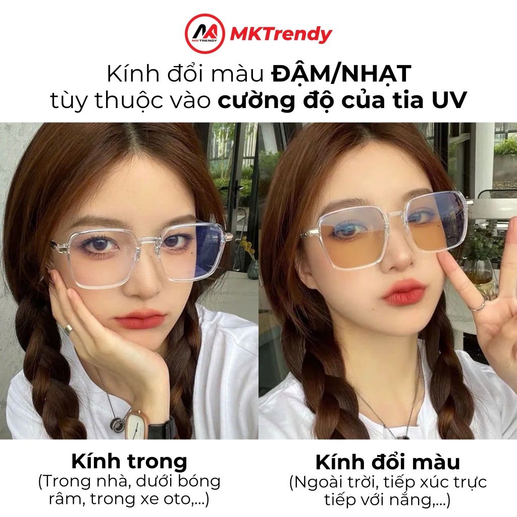 Kính đổi màu MKTRENDY gọng kim loại vuông chống tia UV chống ánh sáng xanh thời trang nam nữ X14