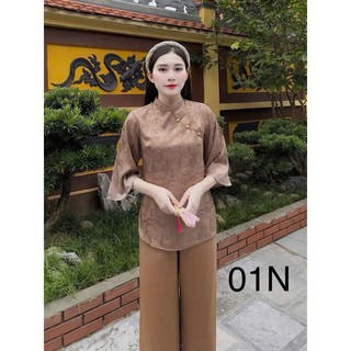 Set bộ đi chùa chất áo gấm tay lỡ cổ tàu mix quần dài tuyết nhung ống rộng thiết kế 2 màu cực xinh