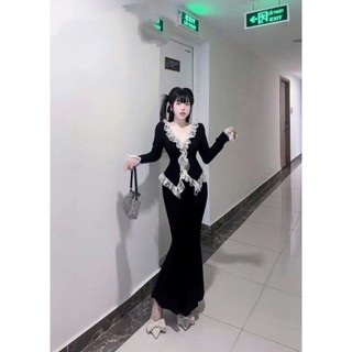 Set váy thời trang nữ chất vải thun citi phối borip tay dài cổ V mix chân váy đuôi cá dài mẫu mã xinh xắn