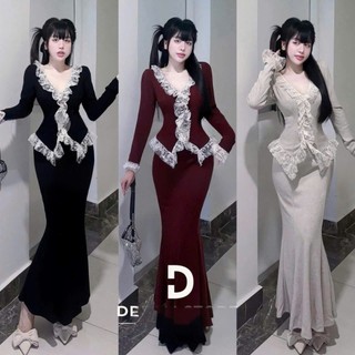 Set váy thời trang nữ chất vải thun citi phối borip tay dài cổ V mix chân váy đuôi cá dài mẫu mã xinh xắn