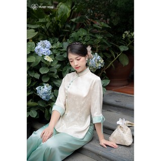 Pháp phục NGUYỆT ĐÀI, đồ lam lễ chùa xanh ngọc KHÔNG kèm charm, chất liệu gấm hoa cao cấp cho Mẹ & bé - HUMY NGO [115]