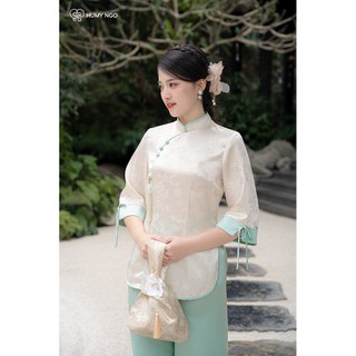 Pháp phục NGUYỆT ĐÀI, đồ lam lễ chùa xanh ngọc KHÔNG kèm charm, chất liệu gấm hoa cao cấp cho Mẹ & bé - HUMY NGO [115]