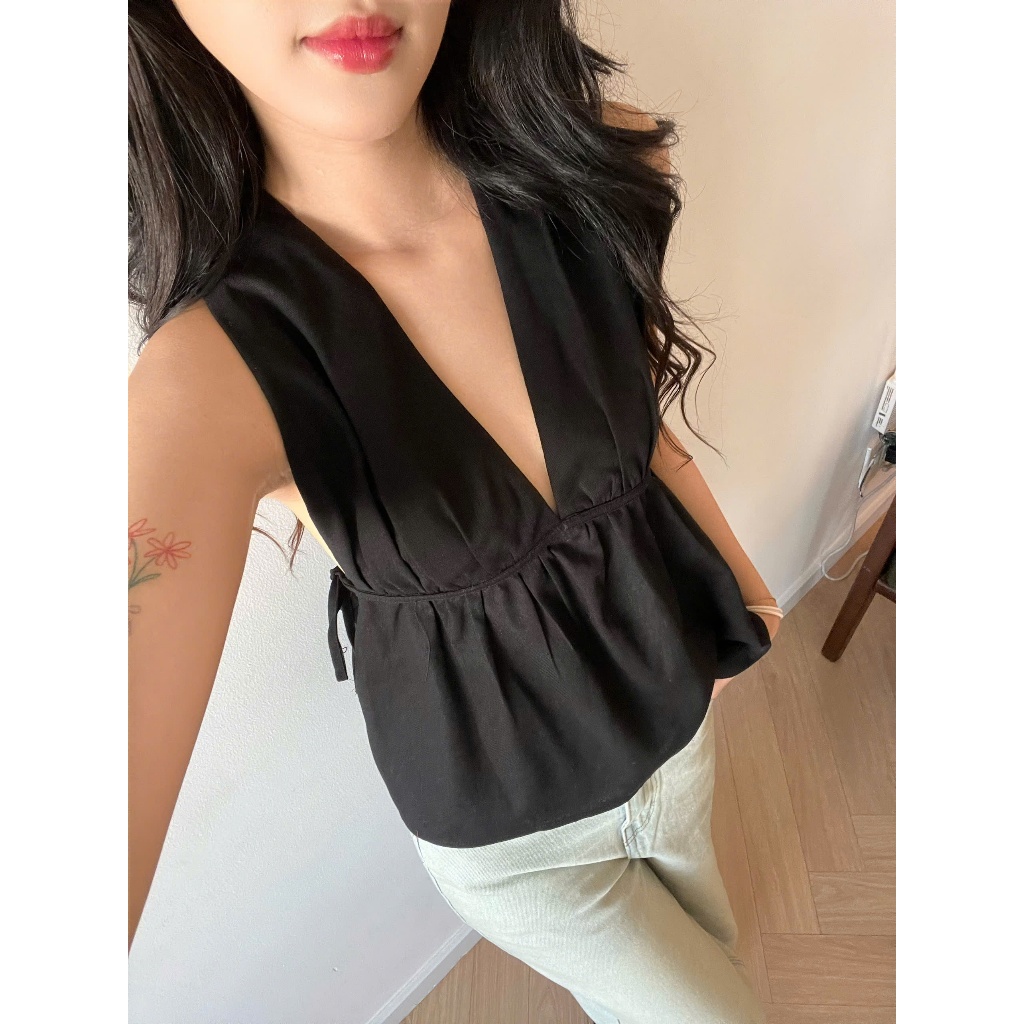 Áo Cổ V Khoét Ngực, Áo Babydoll Cổ Yếm Hở Lưng Đan Dây AVIA TOP Chiết Eo Xòe Tà SAN Clothings - P109