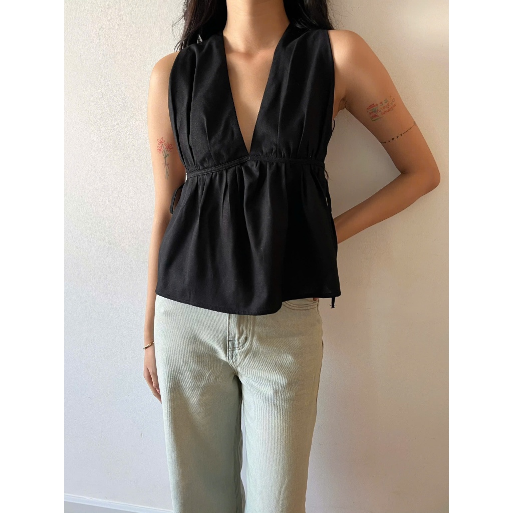 Áo Cổ V Khoét Ngực, Áo Babydoll Cổ Yếm Hở Lưng Đan Dây AVIA TOP Chiết Eo Xòe Tà SAN Clothings - P109