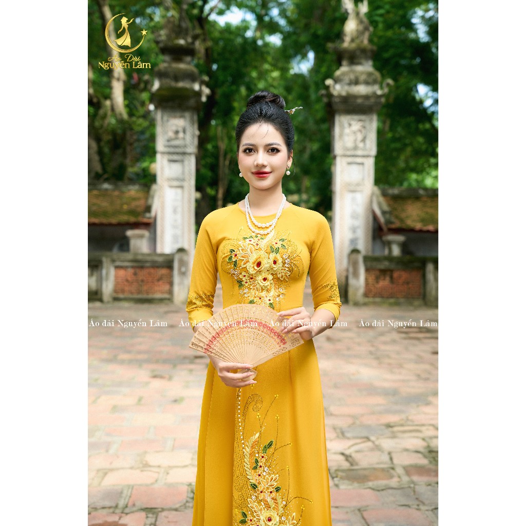 A69 Vàng Đồng - Áo Dài Lụa Đính Hoa Vẽ Thủ Công Lấp Lánh [Co Giãn Nhẹ, Thấm Hút] Nữ Women Dress