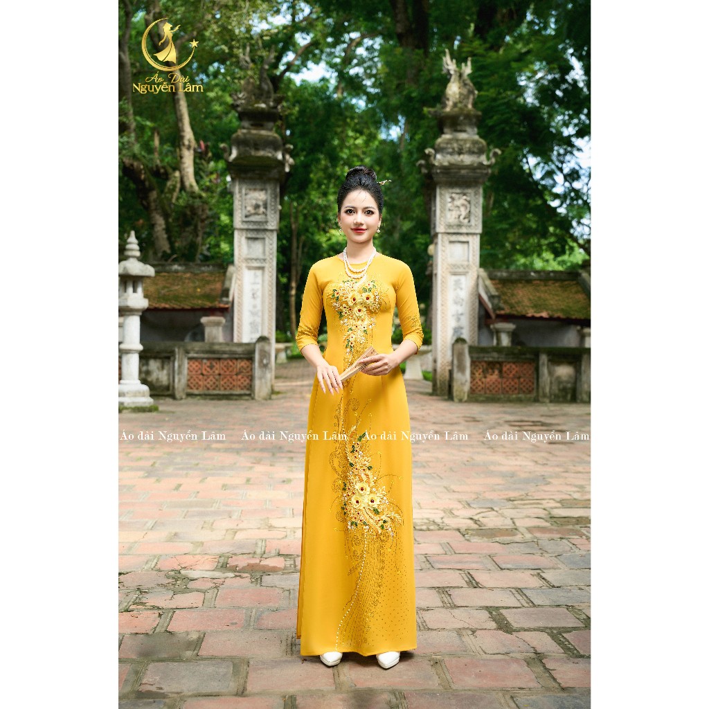 A69 Vàng Đồng - Áo Dài Lụa Đính Hoa Vẽ Thủ Công Lấp Lánh [Co Giãn Nhẹ, Thấm Hút] Nữ Women Dress