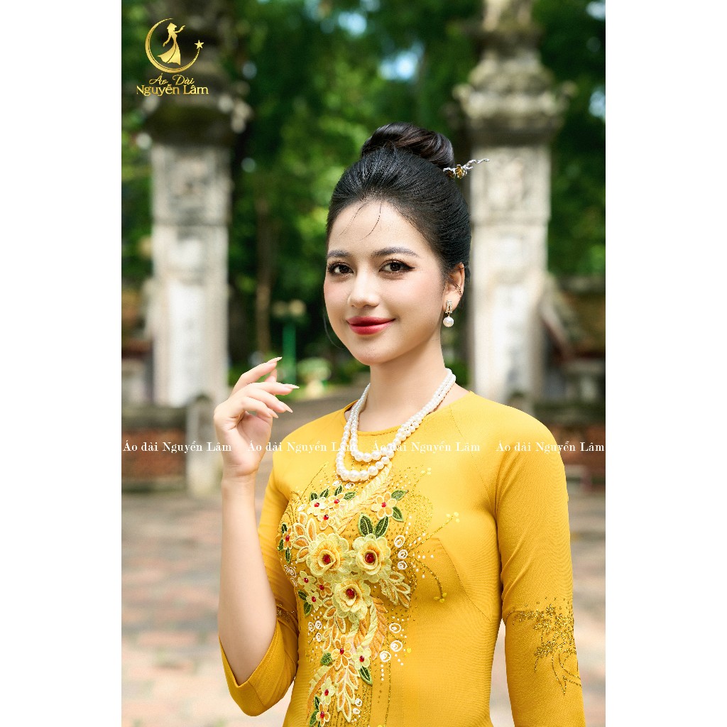 A69 Vàng Đồng - Áo Dài Lụa Đính Hoa Vẽ Thủ Công Lấp Lánh [Co Giãn Nhẹ, Thấm Hút] Nữ Women Dress
