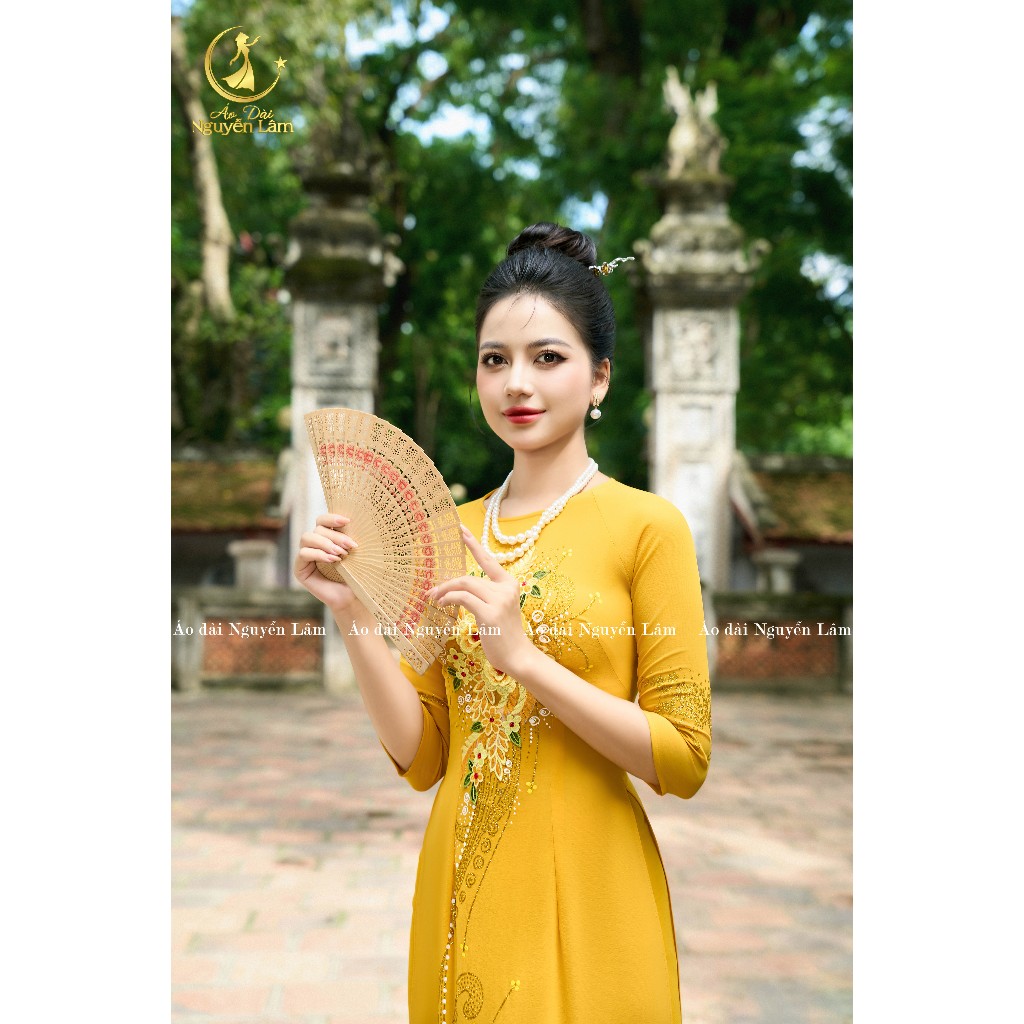 A69 Vàng Đồng - Áo Dài Lụa Đính Hoa Vẽ Thủ Công Lấp Lánh [Co Giãn Nhẹ, Thấm Hút] Nữ Women Dress