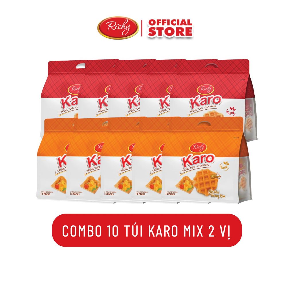 [TẶNG QUẠT ĐƠN TỪ 250K]  Combo 10 Bịch Bánh Richy trứng tươi Karo chà bông sợi gà, phô mai hoàng kim