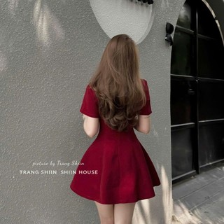 Đầm nữ siu xinh chất NHUNG tay ngắn cổ tròn váy ngắn xòe đính nơ xinh kèm quần rời thiết kế 1 màu