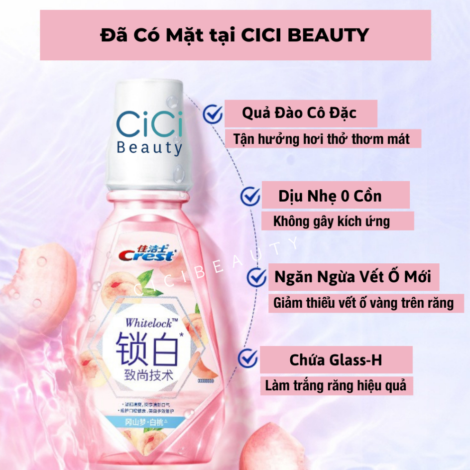 Nước súc miệng Crest vị quả đào cô đặc - Khoá trắng làm trắng răng cho hơi thở thơm mát