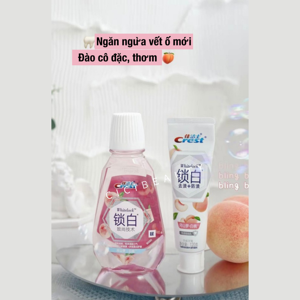 Nước súc miệng Crest vị quả đào cô đặc - Khoá trắng làm trắng răng cho hơi thở thơm mát