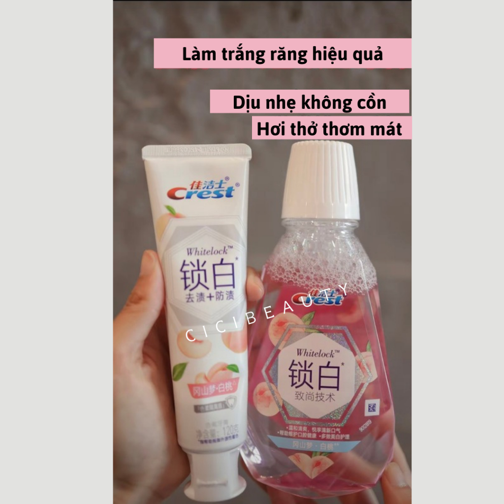 Nước súc miệng Crest vị quả đào cô đặc - Khoá trắng làm trắng răng cho hơi thở thơm mát
