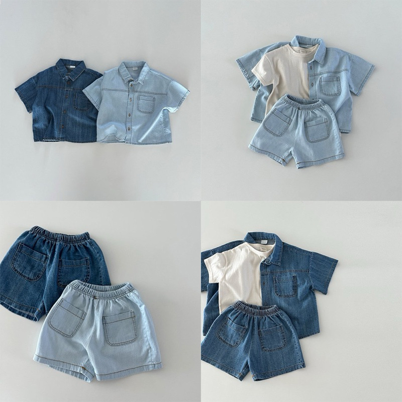 (Order) Bộ quần áo jean mỏng mềm hoạ tiết chỉ nổi ngoài mùa hè dành cho bé trai