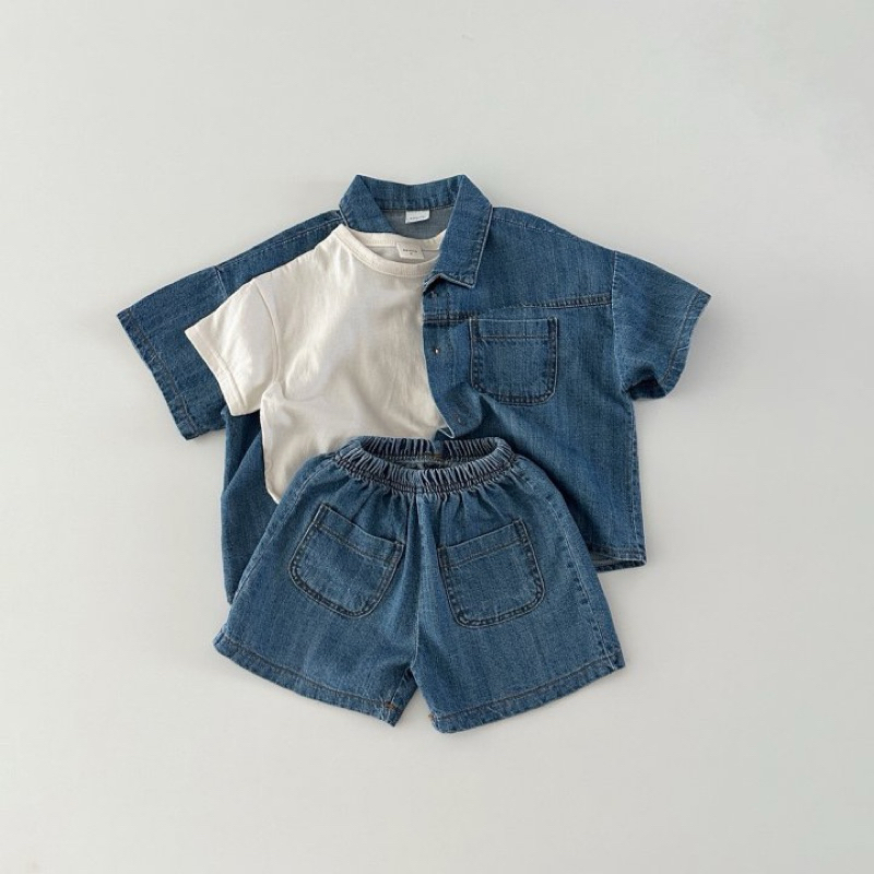 (Order) Bộ quần áo jean mỏng mềm hoạ tiết chỉ nổi ngoài mùa hè dành cho bé trai