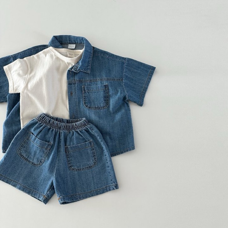 (Order) Bộ quần áo jean mỏng mềm hoạ tiết chỉ nổi ngoài mùa hè dành cho bé trai