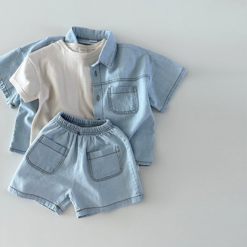 (Order) Bộ quần áo jean mỏng mềm hoạ tiết chỉ nổi ngoài mùa hè dành cho bé trai
