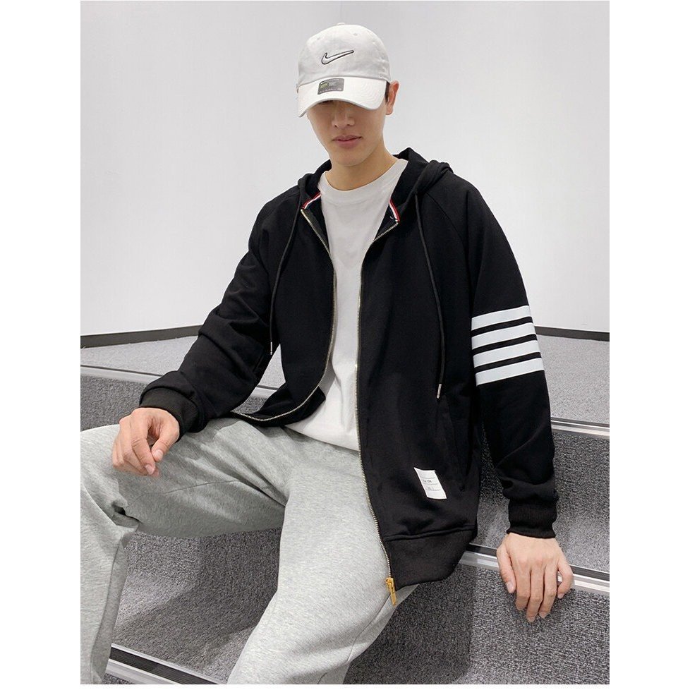 Áo khoác 4 sọc khóa kéo nam nữ form rộng có nón chống nắng màu đen đủ size phong cách - unisex