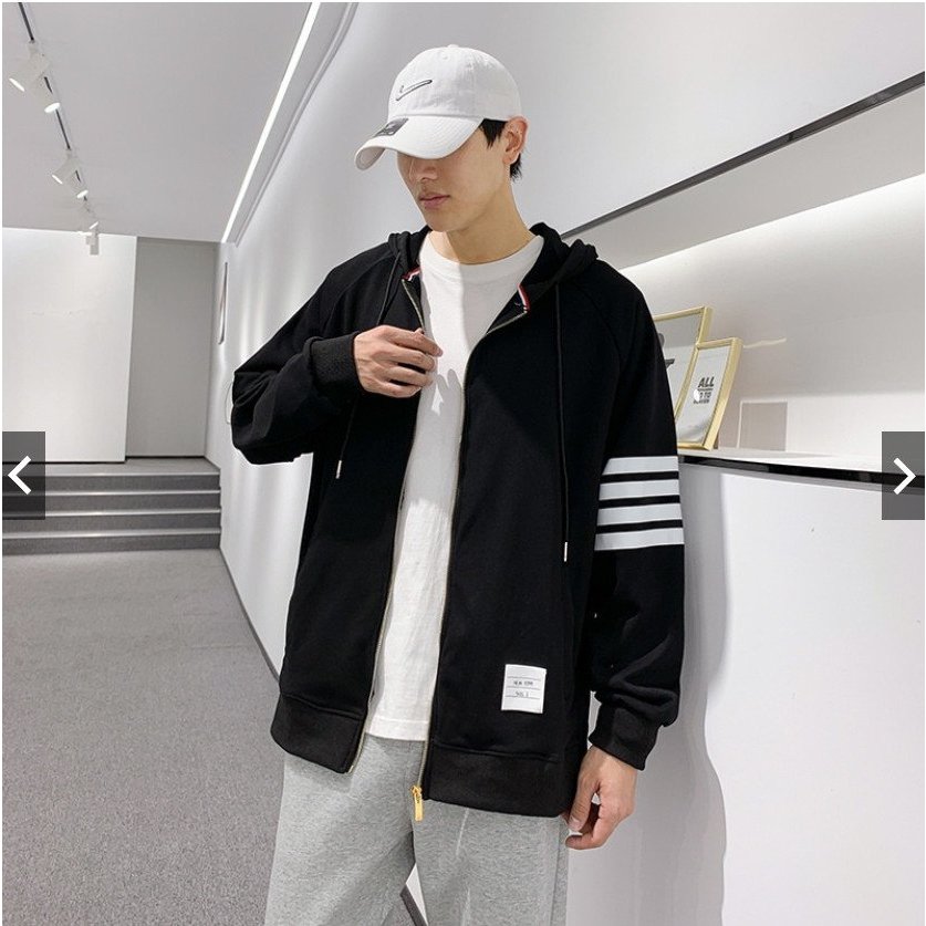 Áo khoác 4 sọc khóa kéo nam nữ form rộng có nón chống nắng màu đen đủ size phong cách - unisex