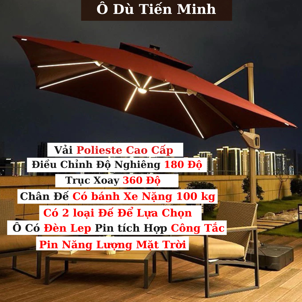 Dù Lệch Tâm Vuông 3m Nâng Hạ Xoay 360 Có Đèn Led Thanh Ô Dù Che Nắng Ngoài Trời BỀN + ĐẸP 2 Loại Đế