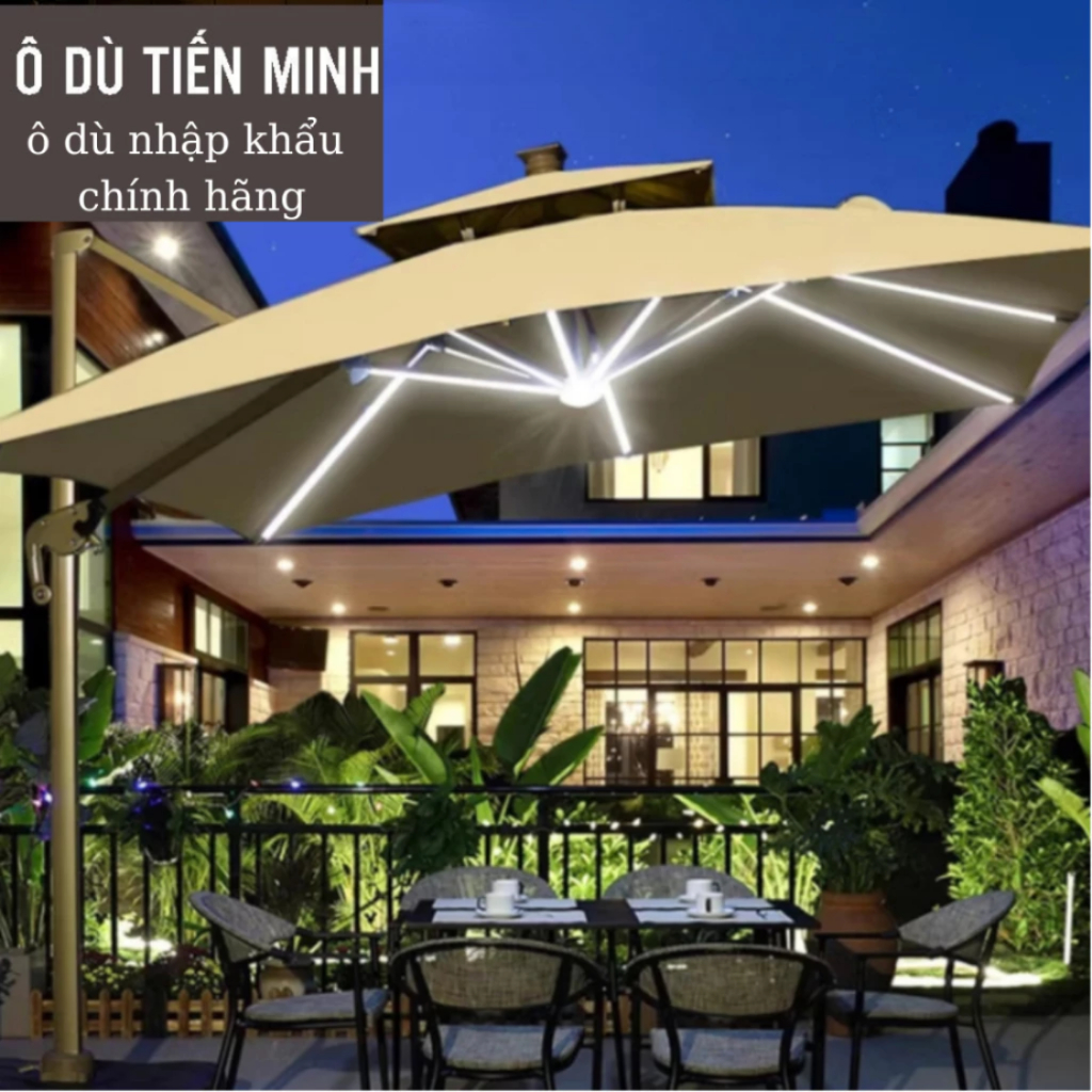 Dù Lệch Tâm Vuông 3m Nâng Hạ Xoay 360 Có Đèn Led Thanh Ô Dù Che Nắng Ngoài Trời BỀN + ĐẸP 2 Loại Đế