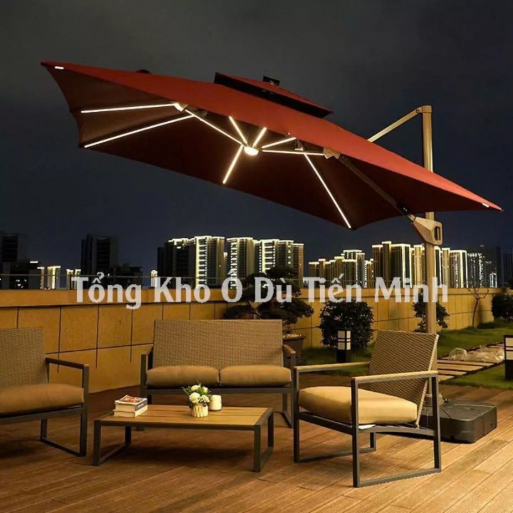 Dù Lệch Tâm Vuông 3m Nâng Hạ Xoay 360 Có Đèn Led Thanh Ô Dù Che Nắng Ngoài Trời BỀN + ĐẸP 2 Loại Đế