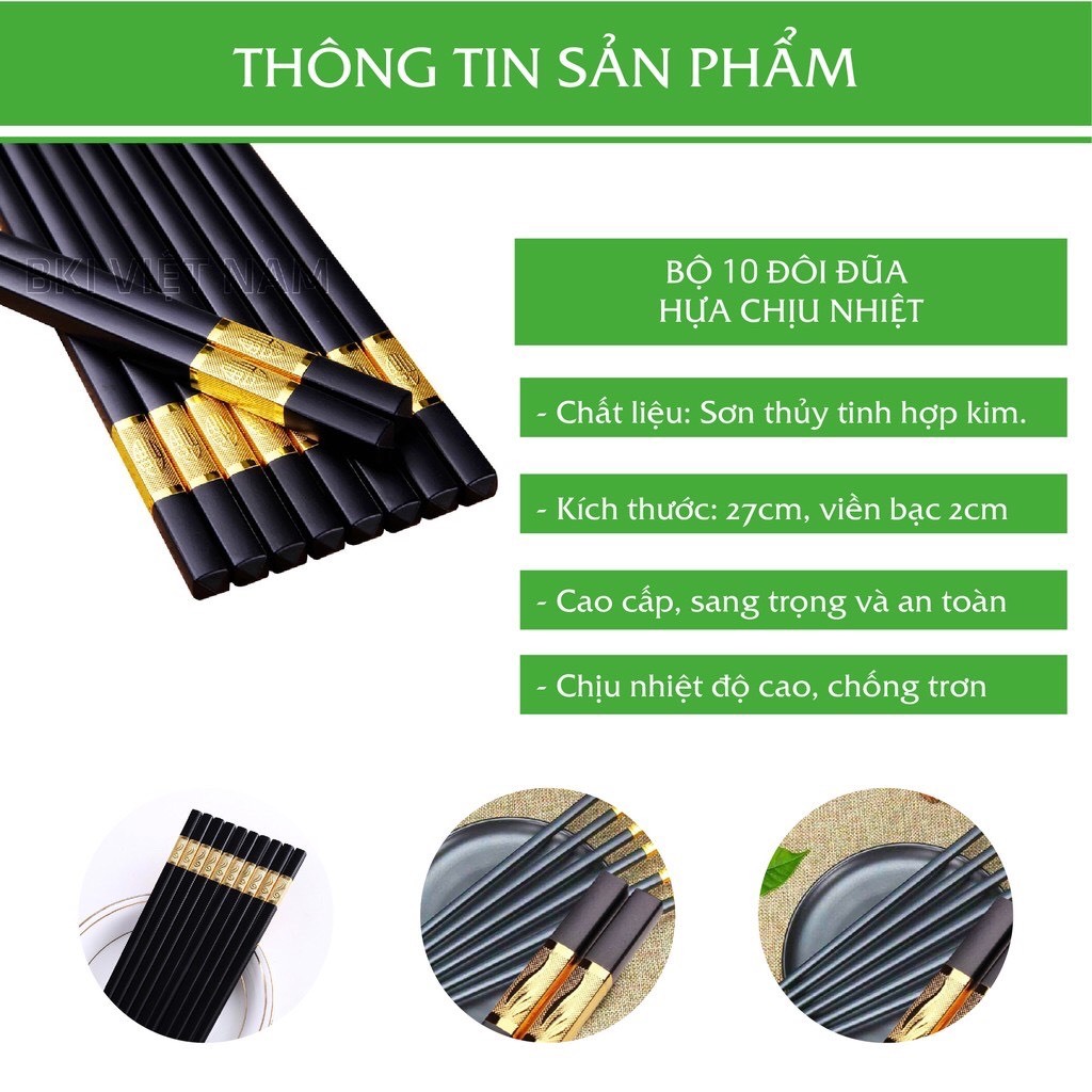Hộp 10 đôi đũa hợp kim mạ vàng cao cấp chống mốc chịu nhiệt tốt