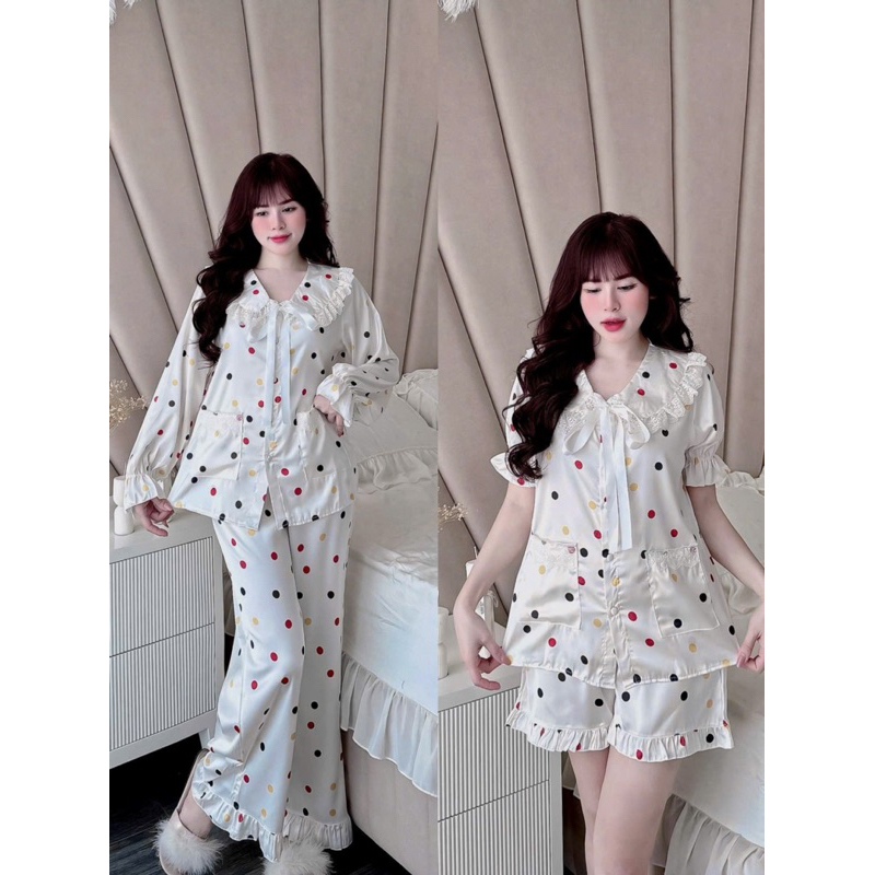 40-58kg Bộ pijama - set ngủ mặc nhà tiểu thư phối ren dễ thương lụa Latin
