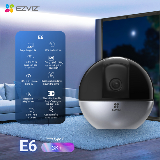 Ảnh Camera WI-FI EZVIZ E6 3K Quay Quét 360 Độ, Phát hiện người và thú cưng, Vẫy tay để tạo cuộc gọi 1